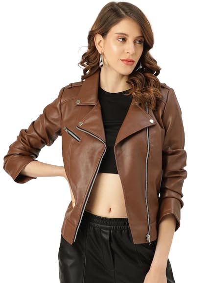 Womens Solid Regular Biker Leather Jacket (Black,Pink,Maroon,Brown)