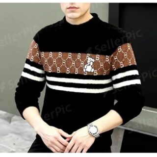 MEN SELF DESIGN ROUND NECK BLACK SWEATER